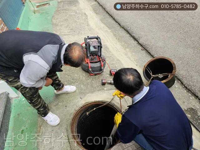 맨홀을 열고 두 기술자가 장비를 넣는 현장